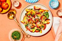 Nicole Taylor's savory Plum-and-Nectarine Salad with earthy pesto, fonio and roasted peanuts lets summer stone fruit shine.