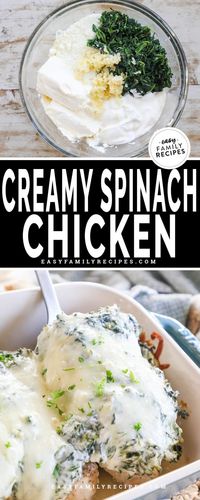 This will be a new family favorite! Kids and adults both love eating this creamy spinach chicken bake and you’ll love the quick and easy prep and clean up. 3 cheeses, fresh garlic, chopped spinach, and chicken breasts create a creamy, comforting one-pan weeknight dinner. Making this cheesy chicken with spinach only takes 10 minutes and simple ingredients, then it becomes a hands-off chicken bake recipe - the oven does the work! It’s a busy dinner for families that you’ll make again and again.