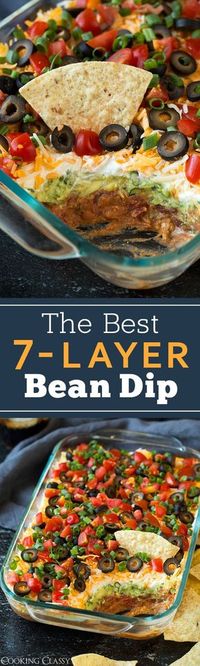 My favorite recipe for 7-Layer Bean Dip! Packed with flavor and always a crowd pleaser. Perfect game day food or party snack.