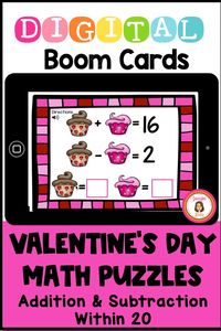 Need a cute Valentine's Day math center or distance learning activity? In this Valentine's Day digital Boom card deck, students will use algebraic thinking to determine the value of each image in addition and subtraction problems within 20. These logic problems are a fun way for 1st and 2nd graders to practice basic facts while building problem solving skills. Students will type the answer in the box and receive instant feedback. Audio directions included.