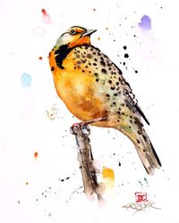 "MEADOWLARK" limited edition watercolor bird print by Dean Crouser. This limited edition print is signed and numbered by the artist and edition size is limited to 400 prints. This image is portrait/vertical orientation. Print has a 1/2" additional border to facilitate matting/framing.  Printed on high quality textured watercolor paper with archival Epson inks. Professionally packaged for safe shipping. Available in a variety of sizes. Copyright Dean Crouser© Thanks for looking!