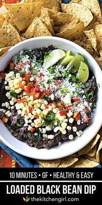 Easy 10-minute bean dip recipe loaded with fresh corn, bell pepper, Cotija cheese, cilantro, jalapeno, and lime for a festive look and classic Mexican flavor #glutenfree #beandip #blackbeandip