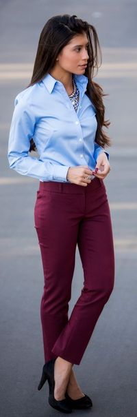 Burgundy trousers with a crisp button-up to work and heels. Fall fashion ideas 2015.