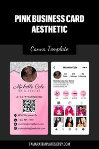 A hair stylist business card with a pink aesthetic. Fully editable template using Canva. level up your business card marketing today. Tap/click to view more details.