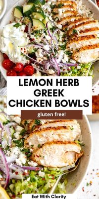 These lemon herb greek chicken bowls are easy to make, healthy and perfect for meal prep. These bowls are high in protein, loaded with veggies and gluten free with homemade tzatziki.