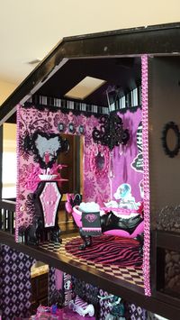 OOAK Monster High Dollhouse Draculaura Penthouse Suite - Left view - accessories include custom chandeliers and gemstone trims.