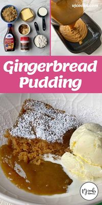 A delicious homemade gingerbread pudding with a self-saucing gooey caramel sauce. This tasty dessert is comfort food at its best and the perfect treat to make on a cosy night in. Made with pantry staples, you won't believe how easy this recipe is to make. #vjcooks #pudding #dessert #gingerbread #gingerbreadpudding #puddingandicecream