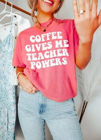 Coffee Gives Me Teacher Powers Shirt, Funny Teacher Shirt, Coffee Teacher Shirt, New Teacher Gift, Coffee Lover Shirt, Teacher Life Shirt We create custom t-shirts with great designs for everyone's liking. If you don't find the size or color you would like, please message us and we will be happy to accommodate! PRODUCT We use the finest premium Bella Canvas shirts for you, they are feather soft and very breathable with a good stretch. These t-shirts are known for their great quality and much loved by our consumers. SIZING This t-shirt comes in UNISEX sizing. It looks great on both men and women, but women are recommended to order a size down for a fitted look! Please refer the sizing chart to find your perfect fit! COLORS Colors on screen and the printed product may slightly vary due to sc