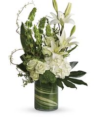 A modern accent for any occasion, this beautiful botanical sculpture blends snow white hydrangea and lilies with unique greens for a peaceful, Eastern-inspired feel. This modern bouquet includes white hydrangea, green roses, white Asiatic lilies, green trick dianthus, bells of Ireland, green button spray chrysanthemums, curly willow, Oregonia, variegated aspidistra leaves, small aralia leaf, green ti leaf, and lemon leaf. #WelkesFlorist