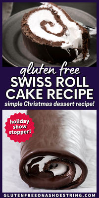 Looking for a super simple Christmas dessert? Delight your holiday guests with a gluten free Swiss roll cake. Follow this gluten free chocolate roll cake recipe to make a show-stopping Christmas dessert that tastes divine. This is a chocolate sponge cake with creme filling and it doesn't get any easier than this gluten free dessert. And, no one will be able to tell that this holiday treat is gluten free. Dairy free option!