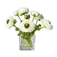 This classy real touch faux ranunculus flower arrangement includes a variety of gorgeous silk ranunculus flowers in a glass vase for the perfect modern centerpiece. Add this elegant silk floral arrangement to elevate your home decor, perfect for a bedroom nightstand, foyer table, coffee table, or in the living room for all to enjoy! #ranunculusarrangement #whitefloralarrangement #smallflowerarrangement #silkflowerarrangement #floraddecor #homedecor