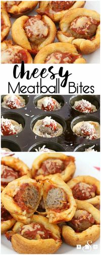 Cheesy Meatball Bites made with crescent dough, meatballs, marinara sauce and lots of cheese! Easy #appetizer #recipe perfect for parties & game day.