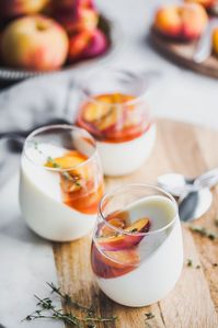 Vanilla Yoghurt Panna Cotta With Balsamic Thyme Roasted Peaches And Nectarines | Olive & Mango