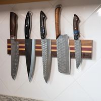 Is counter space an issue in your kitchen? Show off your knives with this beautiful magnetic knife strip safely holds 5-6 kitchen knives. Mounting hardware and 3M Tape are included for easy mounting on any surface.