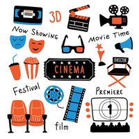 Movie cinema icons set colorful hand drawn doodle Vector Image