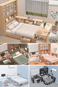 Find this amazing Sims 4 bedroom CC set at number 3f on my CC download list! This cozy setup includes a sleek bed frame, flexible bedding options for single and double beds, and tons of storage with shelves, cabinets, and under-bed drawers. Essentials like a desk, shelf unit, books, light switches, and a stylish glass door make it perfect for creating an organized, aesthetic space. Ideal for a modern, clutter-free vibe that feels both functional and chic!