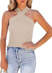 Womens Criss Cross Halter Sweater Vest Tops Summer Sleeveless Pullover Casual Lightweight V Neck Knit Tank Top #summer #summertime #brunch #chic