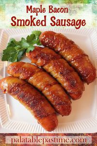 Maple Bacon Smoked Sausage makes a quick Autumn supper with kielbasa pan cooked with a sweet and savory maple mustard glaze. via @suelau1