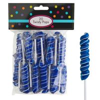 Treat your sweet tooth to Royal Blue Twisty Lollipops! With white and deep blue candy swirled together these blue raspberry-flavored twist lollipops are as eye-catching as they are tasty. Fun twisted lollipops are individually wrapped to brighten up party favor bags or to create a show-stopping candy buffet.  Royal Blue Twisty Lollipops product details:  20 per package 1-2in diameter x 4 3-4in tall Blue raspberry flavor Individually wrapped 8.4oz net weight Certified Kosher