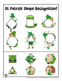 St. Patrick's cut and paste shapre recognition worksheets - fun cutting & pasting practice includes shape matching, puzzle solving & concentration building for preschoolers!