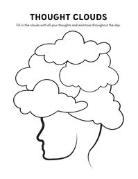 Thought Clouds blank worksheet.  Fill in the clouds with all your thoughts and emotions throughout the day.