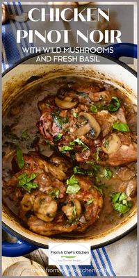 Chicken Pinot Noir with Wild Mushrooms and Fresh Basil is a dish with European flair!  A rich, yet light wine sauce with earthy wild mushrooms is perfect for transitioning from summer to fall!