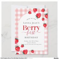 Pink Gingham Berry First Birthday Strawberry Girl Invitation | Zazzle