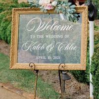 Wedding welcome sign in a classic script with groom and bride names at the bottom in a modern block font and wedding date. This welcome sign is a great addition to any couple that is looking for a classic touch to their wedding. Sign surface and stand not included.