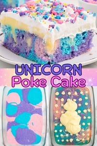 Unicorn Poke Cake recipe is a whimsical way to make a moist, colorful cake that’s poked and filled with pockets of pudding, covered with Cool Whip, and decorated with a dusting of sparkle sprinkles. Perfectly pretty for birthday parties, unicorn parties, Pride month, or any special occasion. #pokecake #unicorn