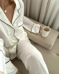 Elegant white pyjama with black border very casual for being at home #pinterest #elegant #pyjama #aesthetic #casual #chic #glam (not my photo)