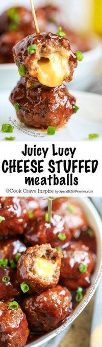 Juicy Lucy meatballs! These are of of my favorite game day appetizers! Gooey cheese is stuffed inside a tender beef meatball and bathed in a spicy sweet sauce!