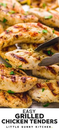 These succulent and juicy Grilled Chicken Tenders are made very quickly on the grill! The chicken tenders are marinated in a herb lemon and olive oil marinade, then grilled on a grill pan or an outdoor grill for a quick summer main dish. Serve on their own with your favorite dip, or in wraps, salads, and pasta. #grilledchickentenders