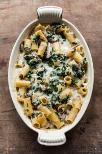 Baked Creamy Pasta with Greens and Chicken: A family-favorite recipe with melty fontina, grated parmesan and lots of fresh spinach.