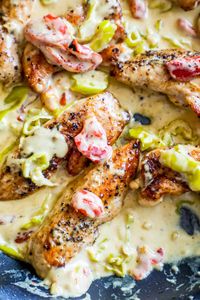 One Pot Creamy Pepperoncini Chicken Tender Skillet - Creamy Pepperoncini Chicken Tender Skillet is a delicious, hearty, tangy, and creamy dinner that is great over rice and pasta! #creamypepperoncinichickenskillet #maindishes