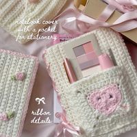 crochet this book cover with my tutorial on youtube 🎀 crochet cover for notebooks, journals, paperbacks, and hardcovers with useful heart granny square pocket to store stationery and cute ribbon details