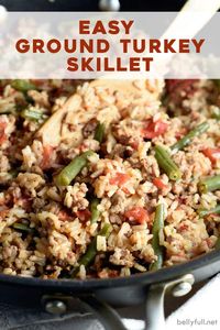 Ground turkey, rice, green beans, tomatoes, and delicious seasonings are combined for a delicious and quick skillet meal! Filling, yet light and healthy. This is a great weeknight meal for busy families.