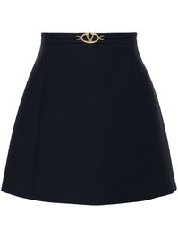 Valentino Ready To Wear navy blue virgin wool textured finish gold-tone logo plaque VLogo Signature high-waisted concealed rear zip fastening A-line straight hem thigh-length silk lining