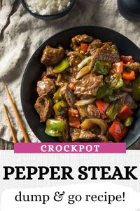 Crockpot Pepper Steak is a dump and go hands-off meal that is super flavorful, simple, and comforting. This Chinese inspired pepper steak recipe is a favorite when served over rice, noodles and more! It's an easy and family-friendly dinner that's great for busy nights, cold winter days and back to school. via @Tastyovenlovin