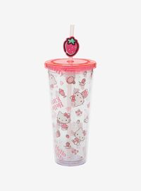 Spending the day eating yummy treats with your Sanrio bestie? Wash them down with a refreshing drink! Take a sip out of this acrylic travel cup featuring an allover print of Hello Kitty  strawberries and desserts. Comes with a screw-on lid and a reusable straw with a strawberry topper.