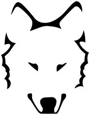 Wolf face, ears, nose, negative effect, outline, black, white, front vector art illustration