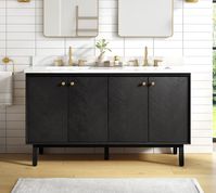 Add allure to your bathroom with the Adele 61-inch double vanity set by Avanity. The cabinet features a gorgeous black oak finish with subtle chevron patterns gracing the flat-panel doors. The solid wood frame provides durability, and the pre-installed brass hardware complements the beauty of the real wood grain. The spacious cabinet and two interior drawers provide ample storage for your toiletries and accessories, while the soft-close hinges and glides ensure smooth and quiet operation. An int