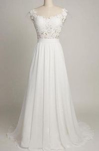 A-Line Tea-Length Sweetheart Cap Sweep Train Backless Chiffon Lace Dress