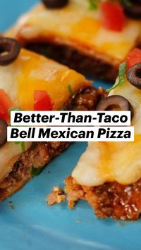 35min · 4 servings     Ingredients  • 2 tablespoons vegetable oil  • 8 (8 inch) flour tortillas  • 1 cup refried beans, warmed  • 1 cup cooked, Mexican-seasoned ground beef  • ½ cup taco sauce  • ¼ cup red enchilada sauce  • 1 cup shredded mozzarella cheese  • 1 cup shredded Mexican cheese blend  • ½ cup diced tomatoes  • 3 tablespoons sliced black olives  • 3 tablespoons chopped green onions  Instructions  • Heat 1 tablespoon oil in a deep skillet over high heat. Pan-fry each tortilla turning frequently, adding more oil as needed, until golden brown, 2 to 3 minutes per side. Allow to drain on paper towels.  • Preheat the oven to 400 degrees F (200 degrees C).  • To assemble each pizza, place 4 fried tortillas on a baking sheet. Spread 3 tablespoons of refried beans evenly on top of every