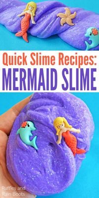 This easy mermaid slime for young kids is fun, safe, and quick to come together. Kids of all ages should set up this simple science fun. #slime #slimerecipes #mermaidslime #safeslime #purple #glitterslime #contactsolutionslime #thelittlemermaid #littlemermaid #mermaidcrafts #rufflesandrainboots via @momtoelise