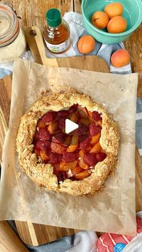 Dominic Franks on Instagram: "Apricot and Raspberry Galette

#recipe ⬇️ 

FOR THE PASTRY
•	250g plain flour
•	50g ground almonds
•	150g butter – at room temperature 
•	1 tablespoon sugar
•	1 egg yolk
•	a little cold water to mix

FOR THE GALETTE
•	5 or 6 apricots – stoned and quartered
•	2 tablespoons honey 
•	The juice and zest of one lemon
•	2 tablespoon apricot jam or marmalade
•	8 raspberries
•	Almond slithers

Make the pastry by placing the flour, ground almonds butter and sugar into a bowl and stirring together. Add the butter and rub it into the flours using your finger tips until it resembles breadcrumbs. Add the egg yolk and a splash of water and using your hand, shaped like a claw, start to move it around the bowl and bring it together into a dough. You may ne