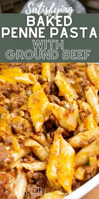 This baked penne pasta recipe wcombines melted cheddar, cooked ground beef and pasta noodles all together in a single satisfying dish.