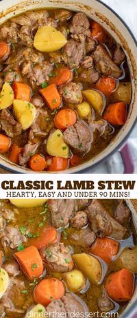 Lamb Stew is hearty and comforting, made with carrots, potatoes, and lamb in a seasoned broth, started on the stovetop and finished in the oven in under 90 minutes! #irish #stpatricks #recipes #hearty #soup #chowder #stew #lamb #dinnerthendessert