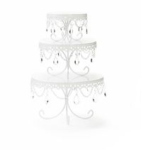 Chandelier Metal Cake Plates  Set of 3: small, medium & large  Available in Pink, White, Antique Gold, Antique Silver & Toile Blue finish  Clear glass chandelier accents  Create elegant cake towers  Small 7” w x 5”h / Medium 10” w x 7” / Large 13” w x 9” H