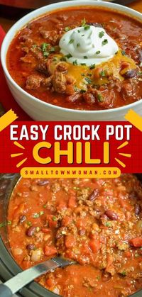 Busy families call for this simple soup recipe! There's nothing like coming home to this easy Crock Pot Chili. Made with ground beef, beans, and more, this slow-cooker chili is the perfect warm comfort food for dinner. So hearty and filling!