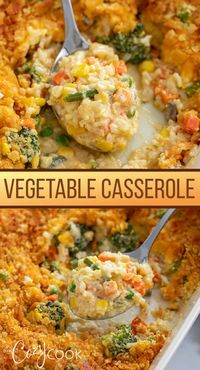 This Vegetable Casserole is made with cream of mushroom soup and a buttery Ritz cracker topping! It's filled with vegetables and savory rice, making it a perfect meatless dinner or holiday side dish! 